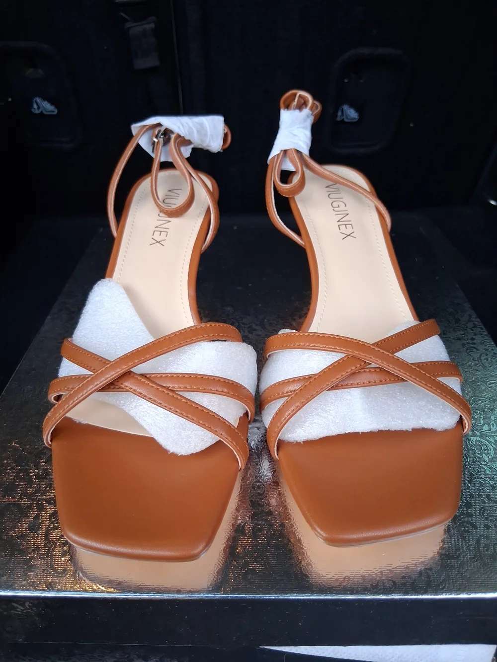 Vuginex Women's Tan Strappy Square-Toe Ankle-Strap Sandals